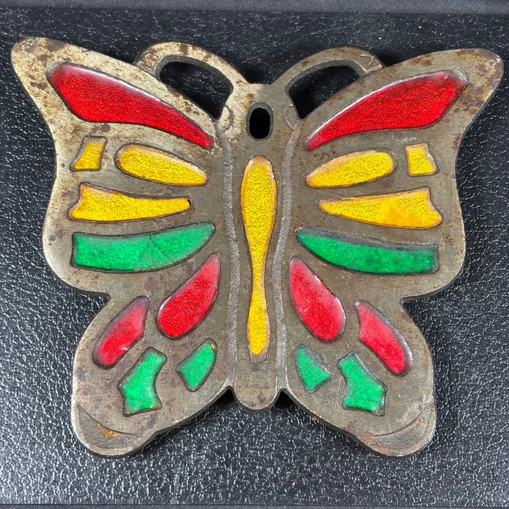 Vintage Butterfly Trivet Cast Iron Enamel Multi Color Mid Century Wall Decor